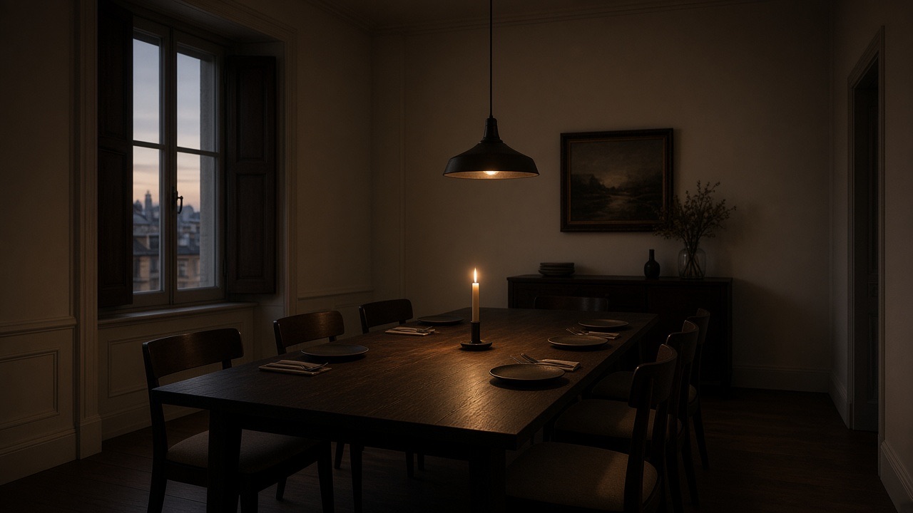 A quiet interior with a long table and low light