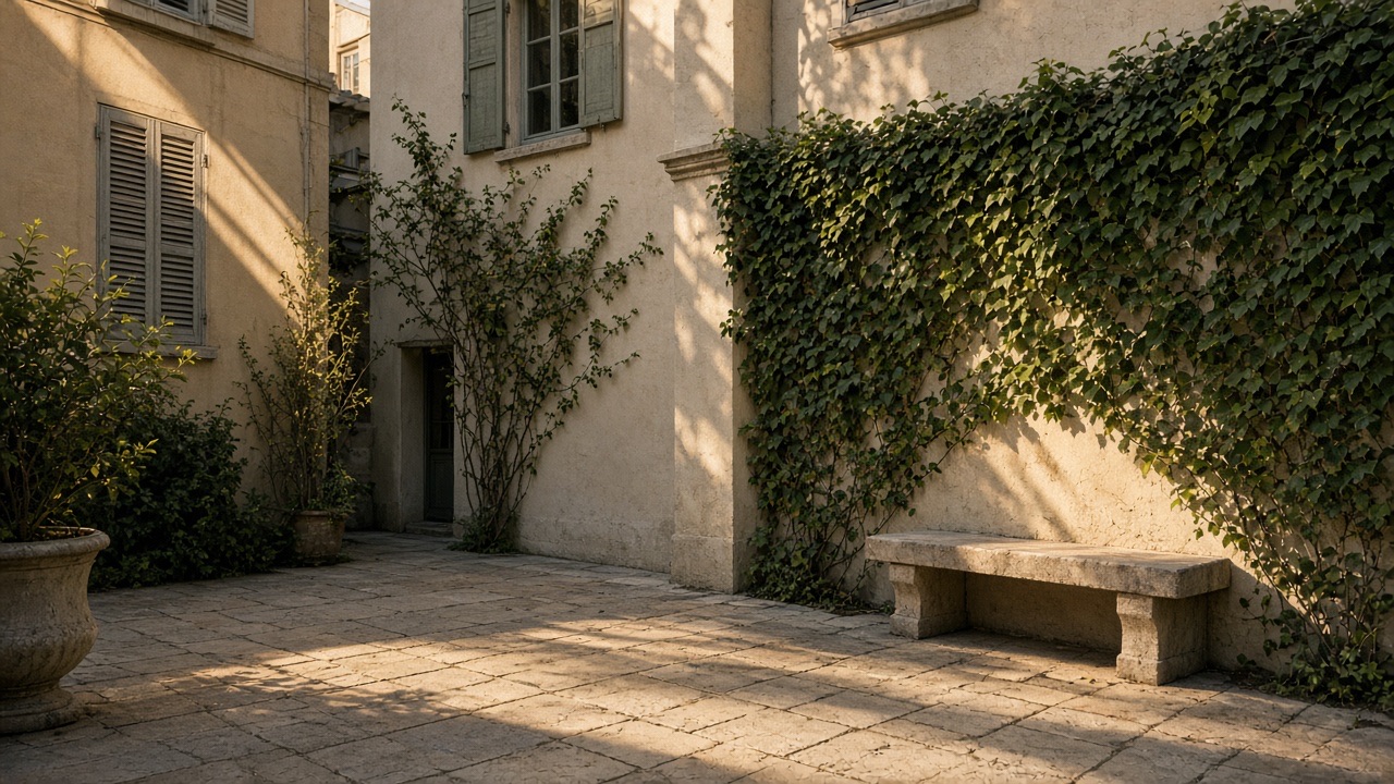 A still residential courtyard in late afternoon light